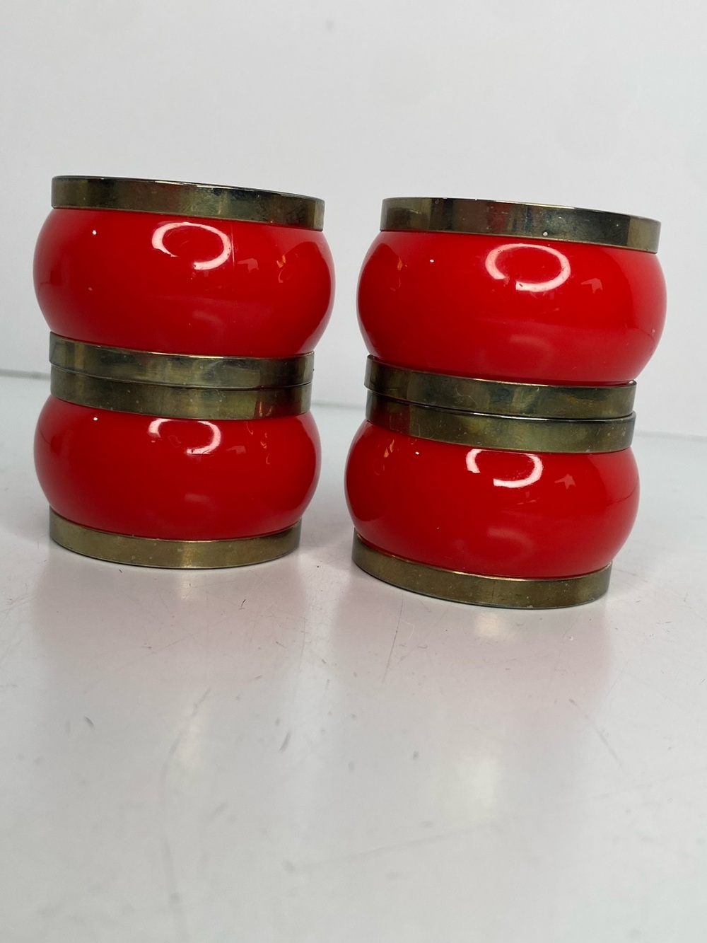 Vintage Red & Gold Plastic & Metal Napkin Rings set Of 4 Made in Hong Kong